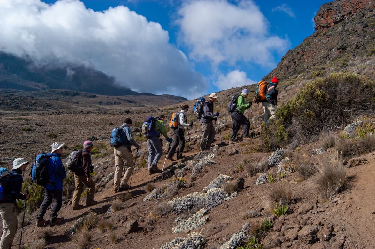 A line of trekkers hiking a mountain trail toward the clouds