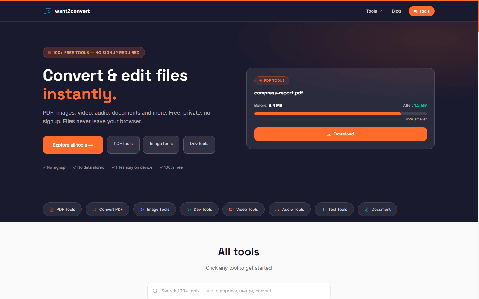 Want2Convert homepage showing free browser-based currency conversion and document tools