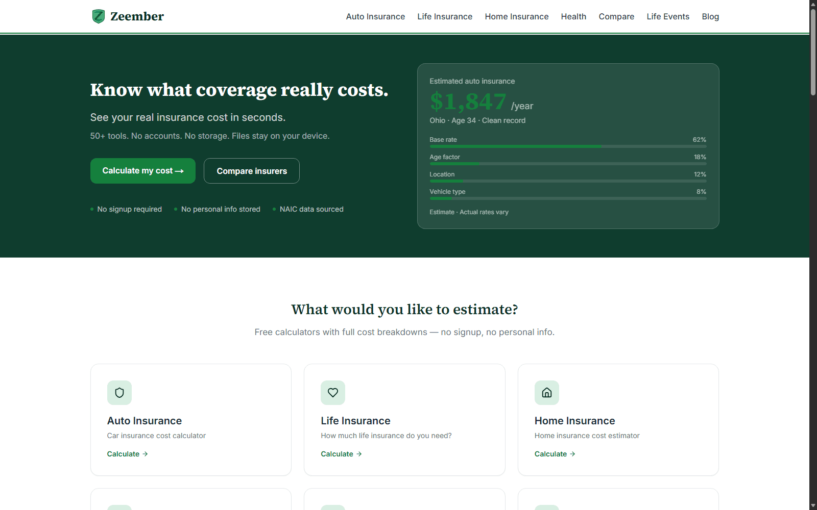 Zeember travel insurance calculator showing an instant cost estimate with no signup required