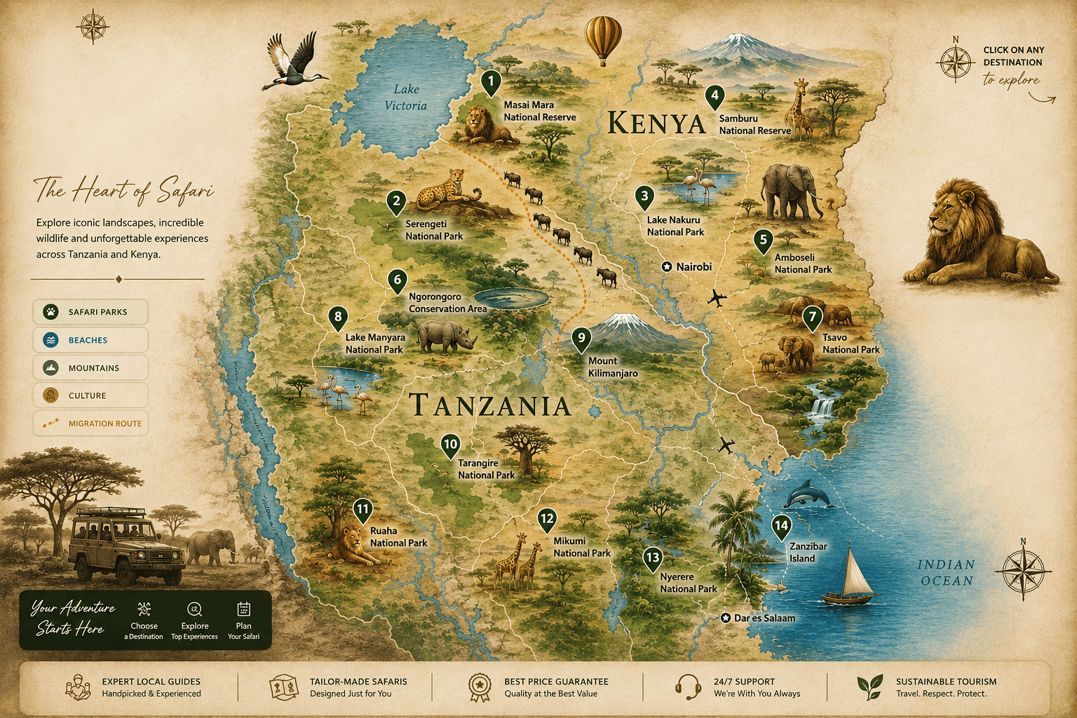 Illustrated map of major safari destinations across Tanzania and Kenya