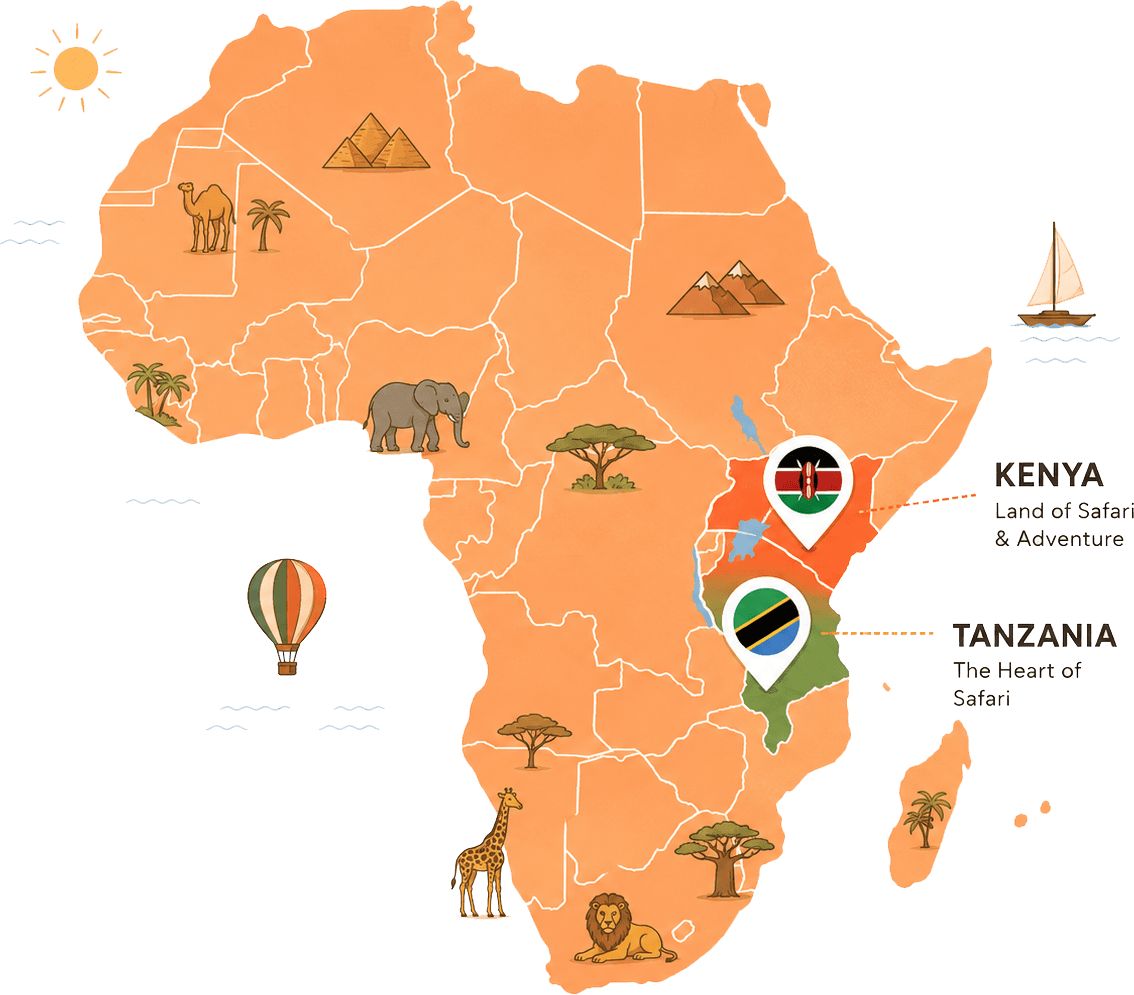 Illustrated map of Tanzania and Kenya safari regions