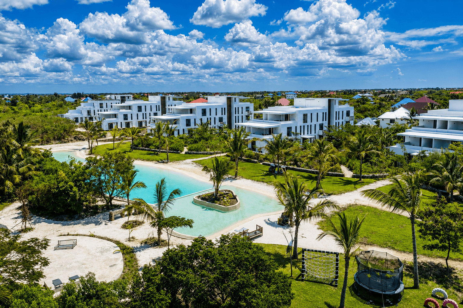 Aerial view of P.O.M.-P.O.M. Suites Paje and its lagoon pool in Paje, Zanzibar